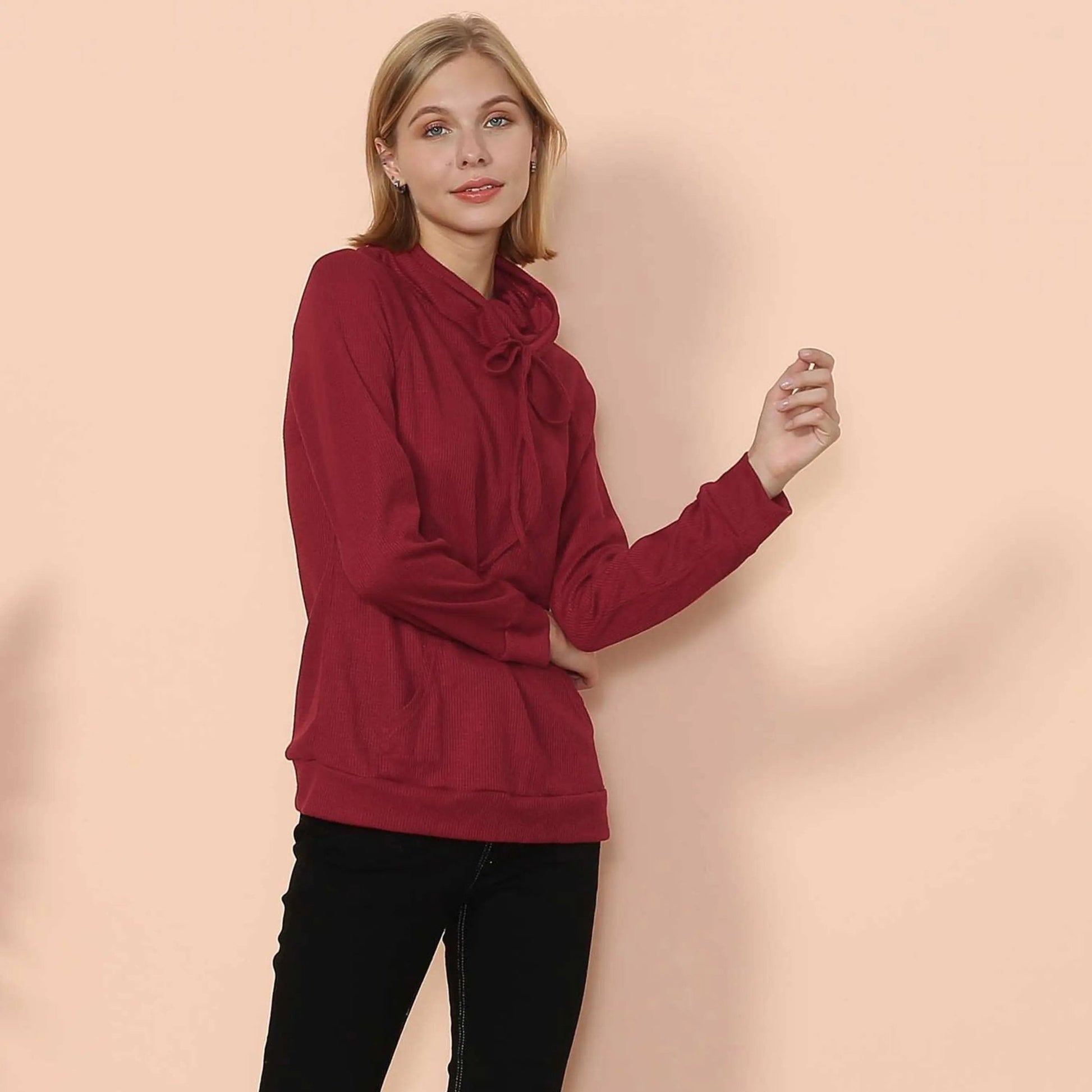 Waffle Knit Cowl Neck Pullover - Get it from Bo