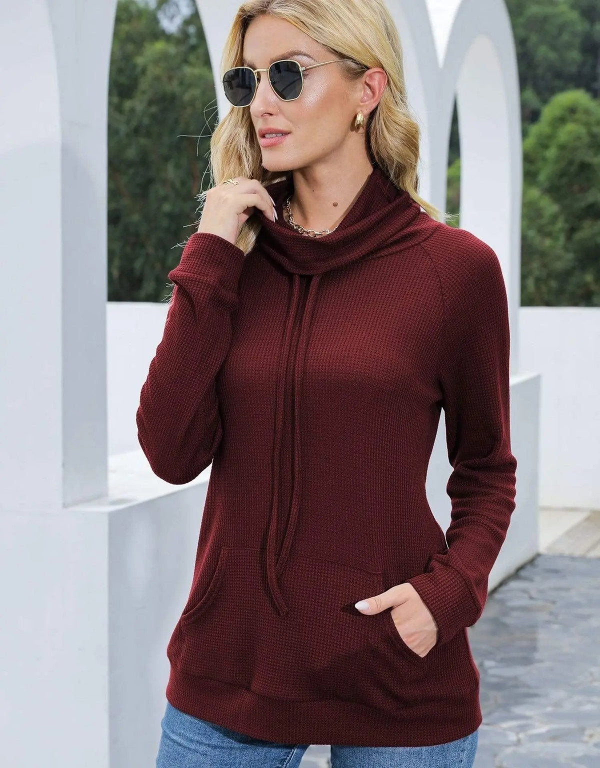 Waffle Knit Cowl Neck Pullover - Get it from Bo