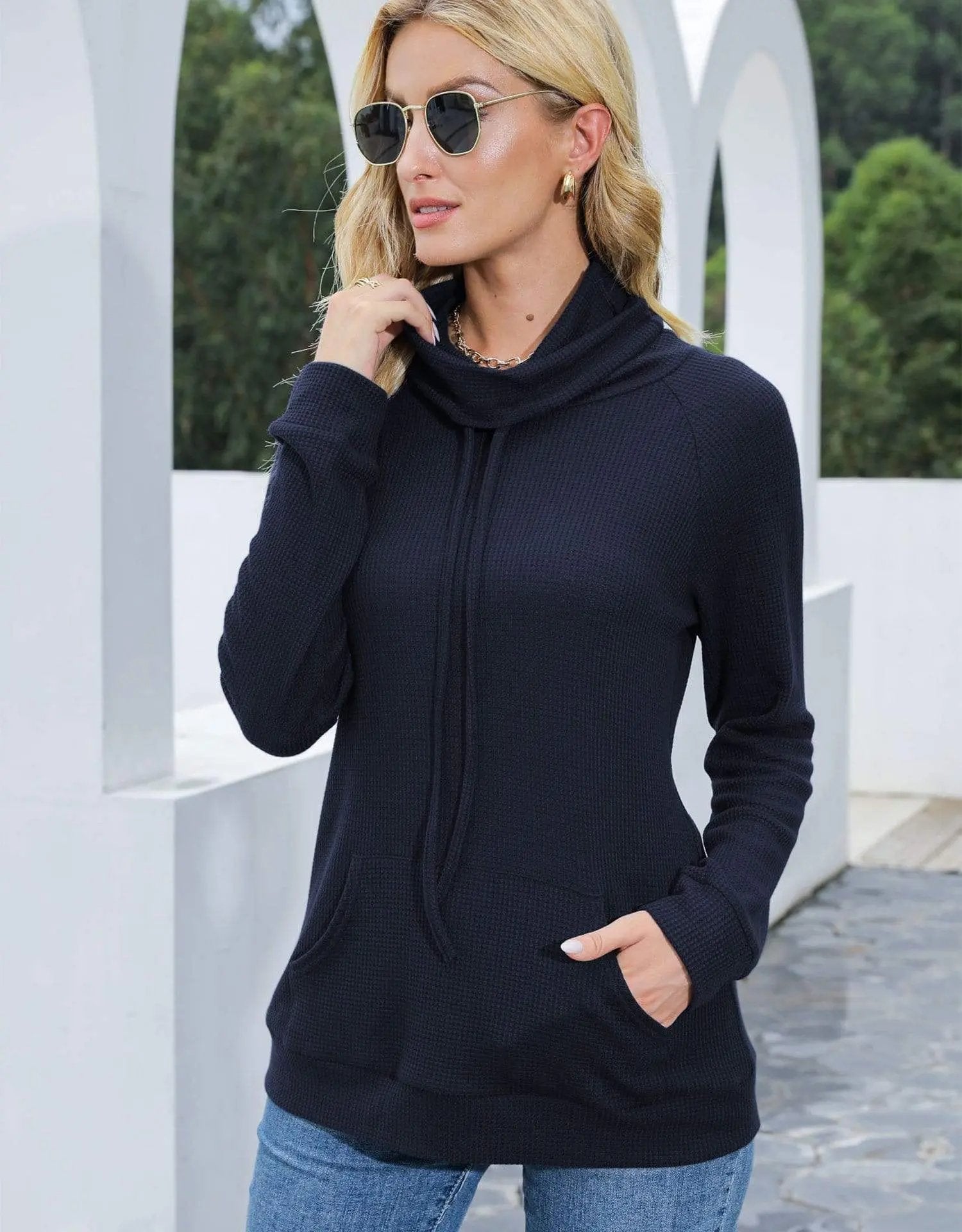 Waffle Knit Cowl Neck Pullover - Get it from Bo