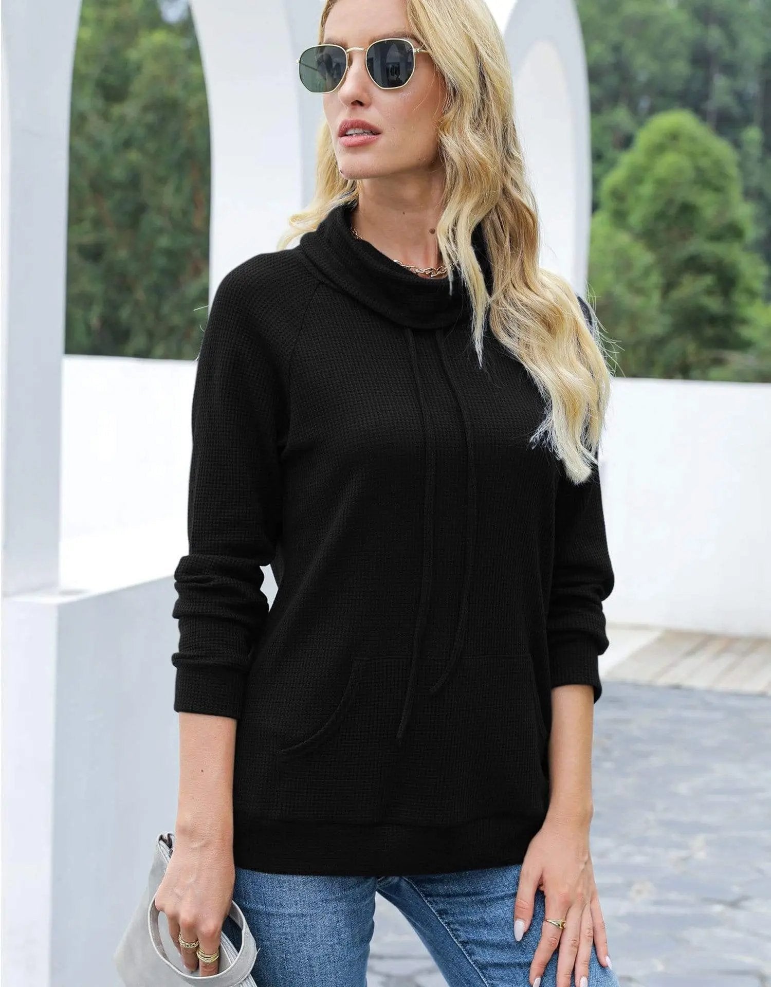 Waffle Knit Cowl Neck Pullover - Get it from Bo
