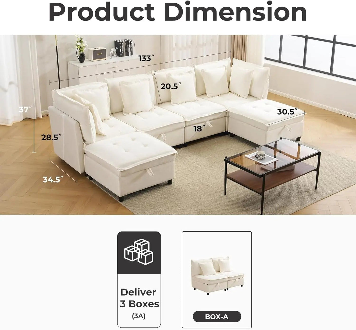 White OneThirtyThreeInch Modular Sectional Sofa Hidden Storage - Get it from Bo