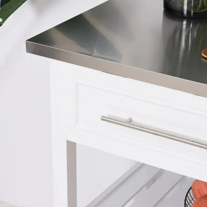 White Rolling Kitchen Island 2 Drawers Storage with Stainless Steel Top - Get it from Bo