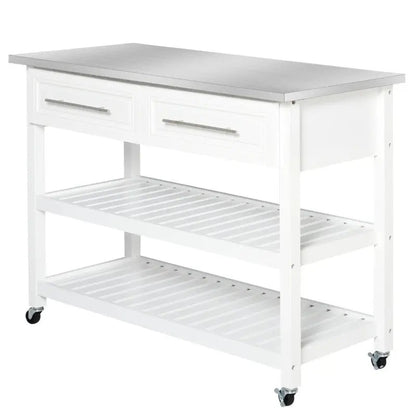 White Rolling Kitchen Island 2 Drawers Storage with Stainless Steel Top - Get it from Bo