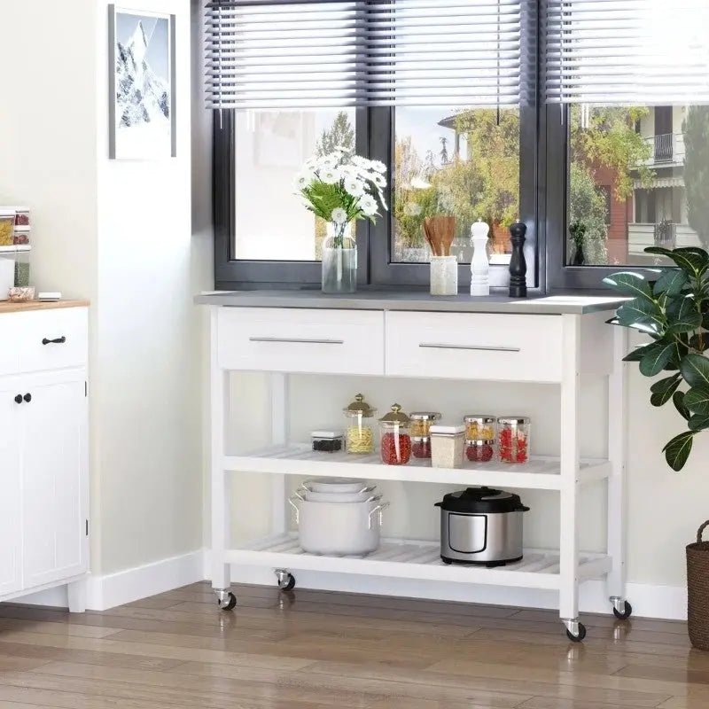 White Rolling Kitchen Island 2 Drawers Storage with Stainless Steel Top - Get it from Bo