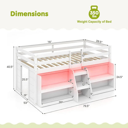 White Twin Low Loft Bed with LED & Stairs - Get it from Bo