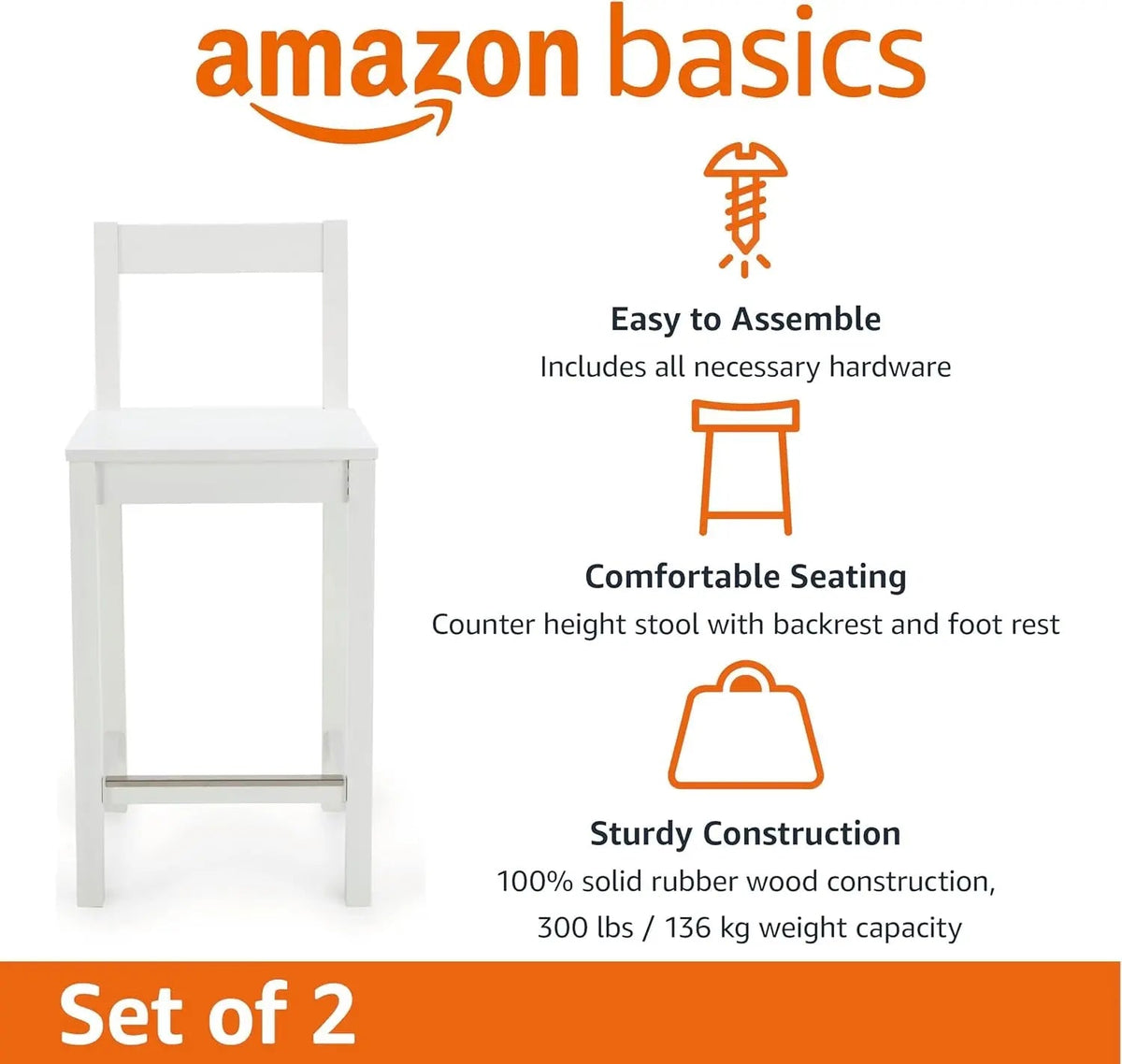 White Wooden Bar Stool With Backrest, Counter Height - Get it from Bo