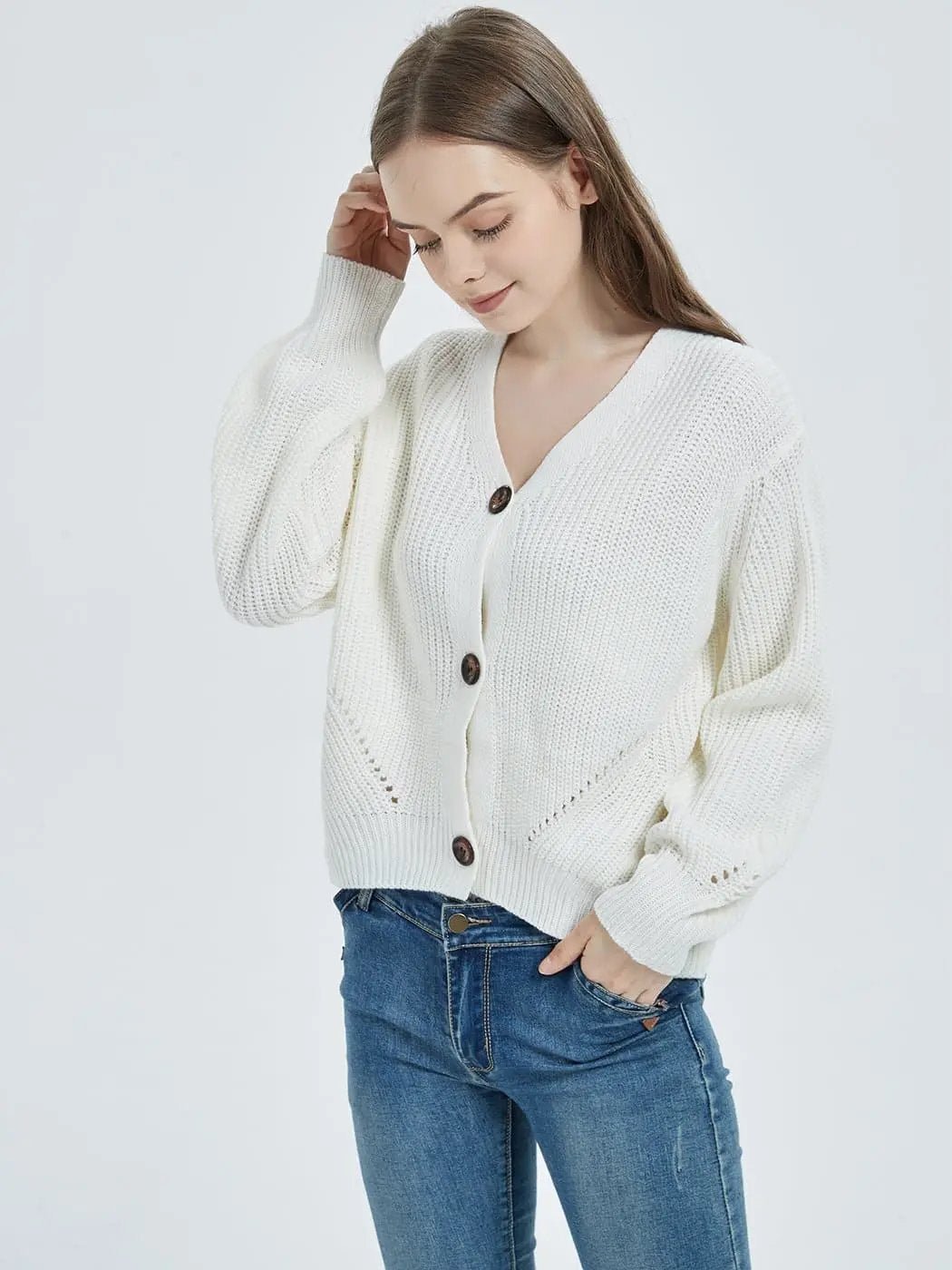 Women Lantern Sleeve Cardigan Button Down Open Front Knit Sweater Coat - Get it from Bo