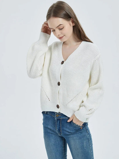 Women Lantern Sleeve Cardigan Button Down Open Front Knit Sweater Coat - Get it from Bo