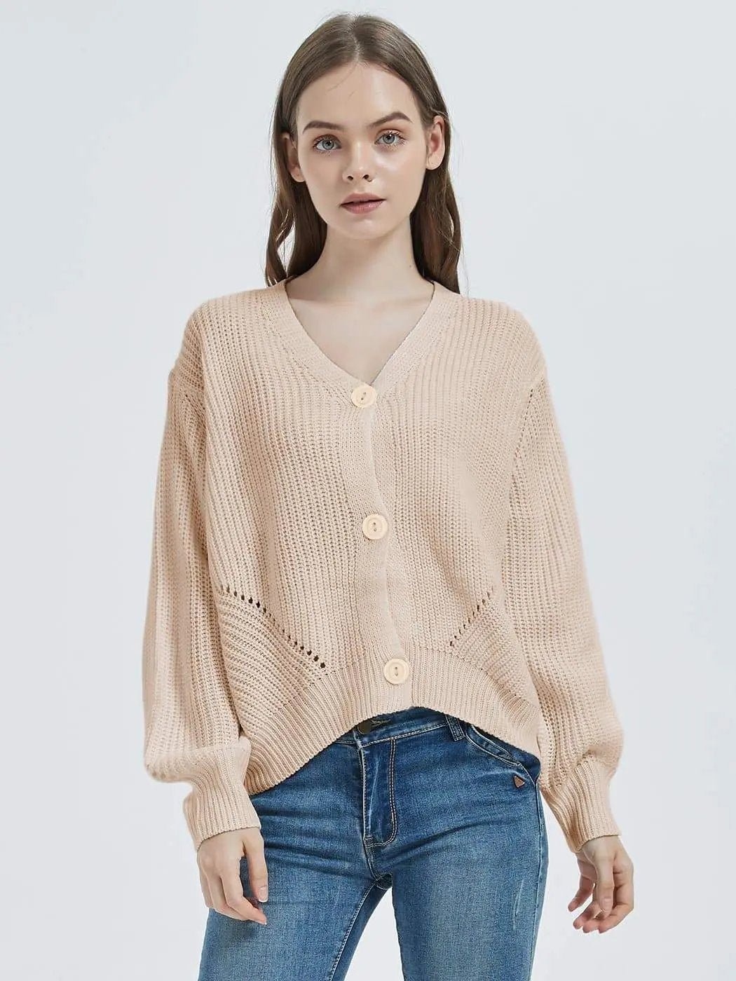 Women Lantern Sleeve Cardigan Button Down Open Front Knit Sweater Coat - Get it from Bo
