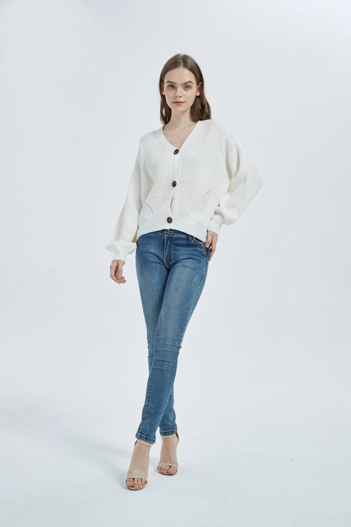 Women Lantern Sleeve Cardigan Button Down Open Front Knit Sweater Coat - Get it from Bo