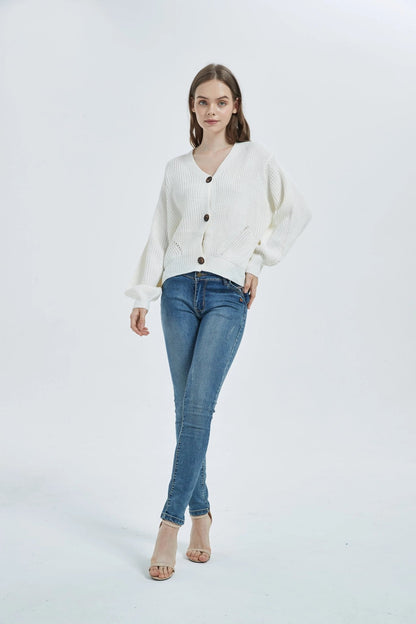 Women Lantern Sleeve Cardigan Button Down Open Front Knit Sweater Coat - Get it from Bo