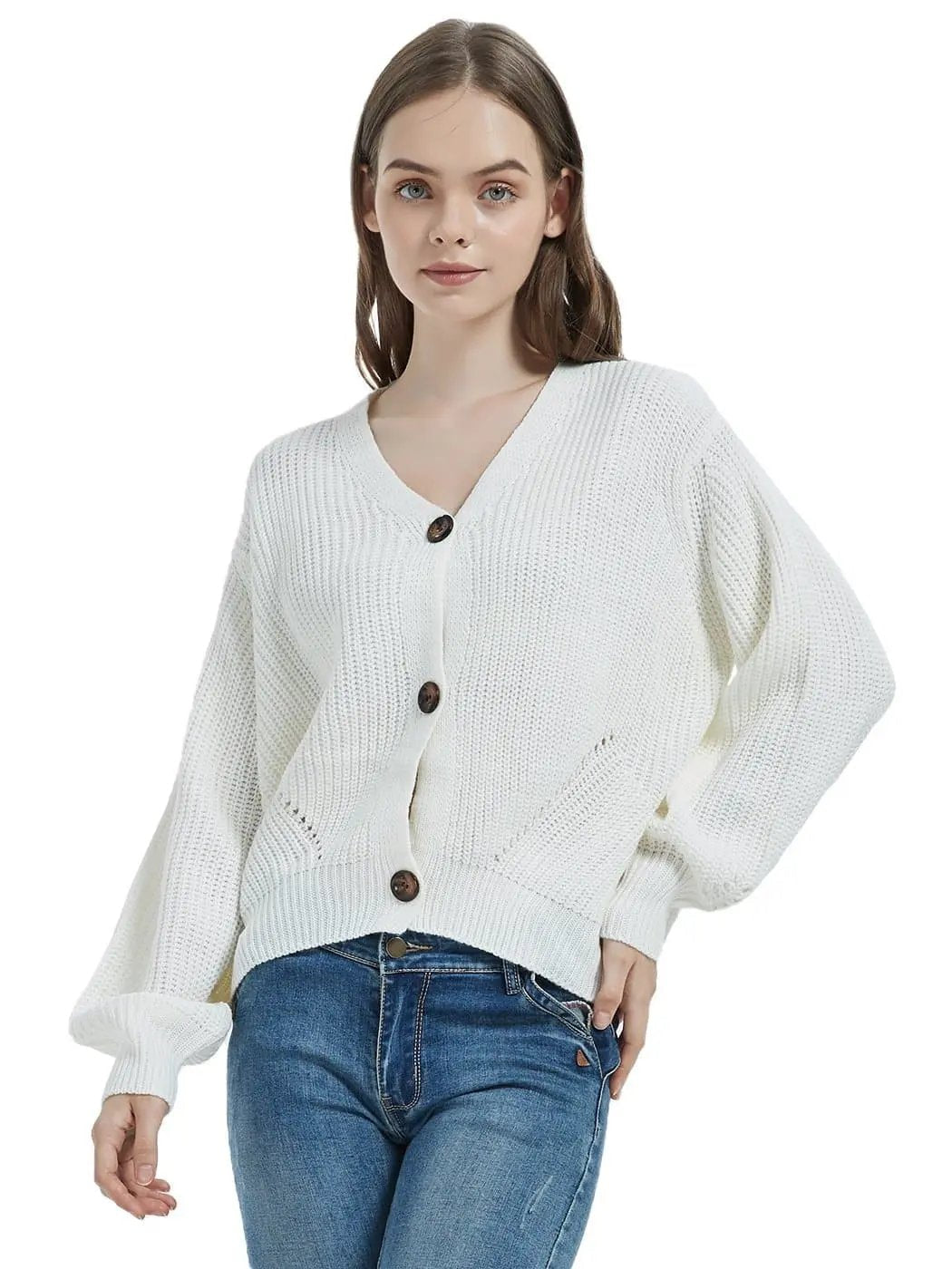 Women Lantern Sleeve Cardigan Button Down Open Front Knit Sweater Coat - Get it from Bo