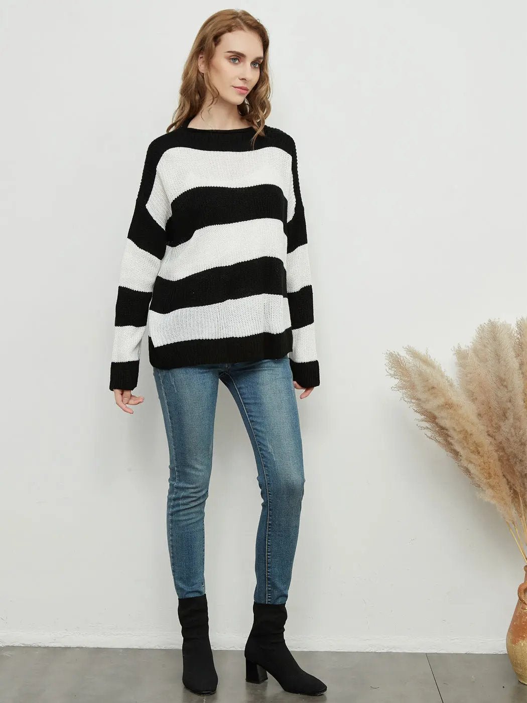 Women Striped Knitted Sweater Crew Neck Long Sleeve Casual Comfy Pullover Tops - Get it from Bo