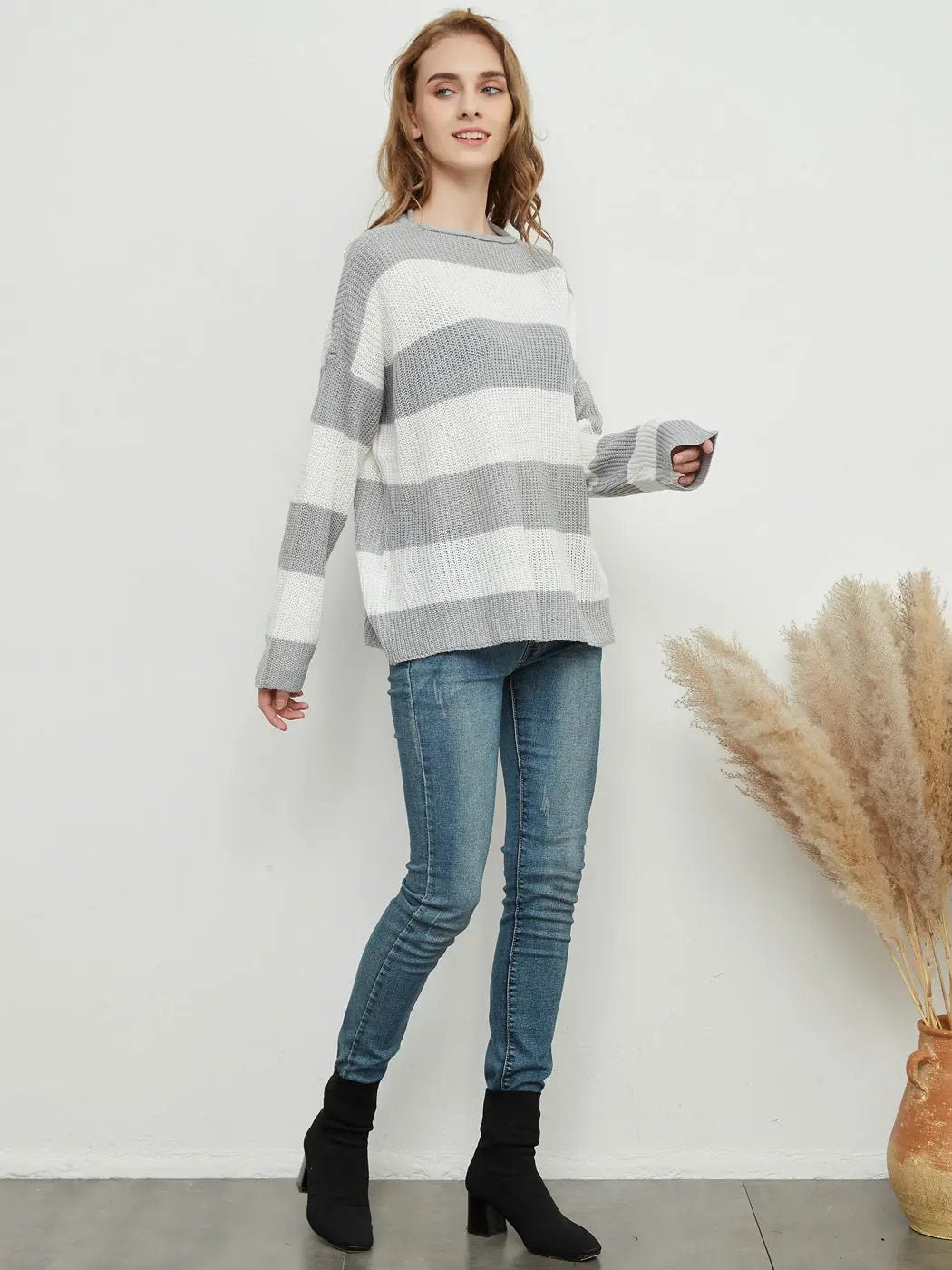 Women Striped Knitted Sweater Crew Neck Long Sleeve Casual Comfy Pullover Tops - Get it from Bo