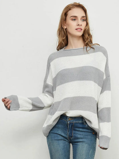 Women Striped Knitted Sweater Crew Neck Long Sleeve Casual Comfy Pullover Tops - Get it from Bo