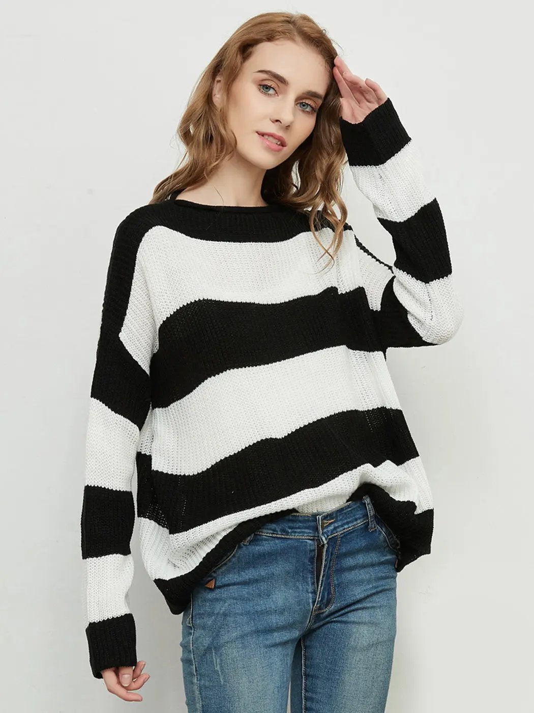 Women Striped Knitted Sweater Crew Neck Long Sleeve Casual Comfy Pullover Tops - Get it from Bo