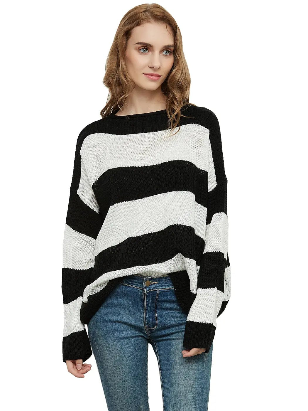 Women Striped Knitted Sweater Crew Neck Long Sleeve Casual Comfy Pullover Tops - Get it from Bo