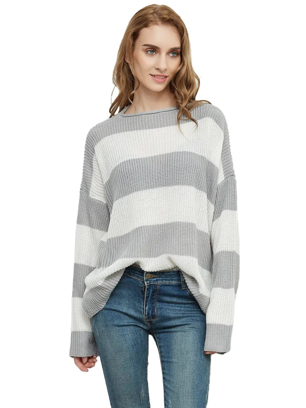 Women Striped Knitted Sweater Crew Neck Long Sleeve Casual Comfy Pullover Tops - Get it from Bo
