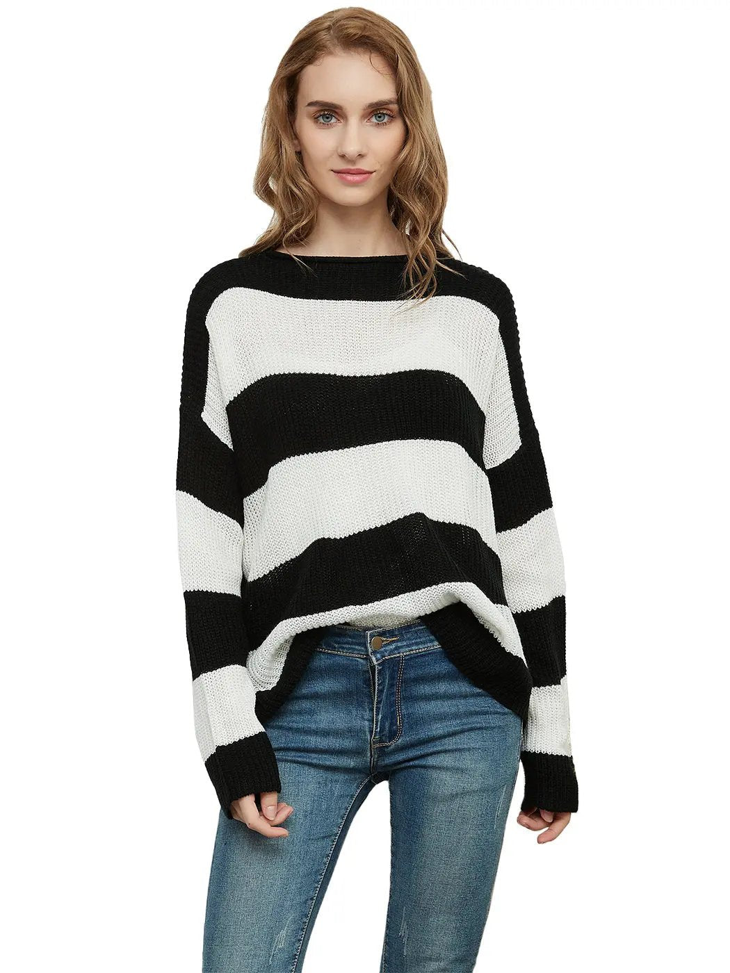 Women Striped Knitted Sweater Crew Neck Long Sleeve Casual Comfy Pullover Tops - Get it from Bo