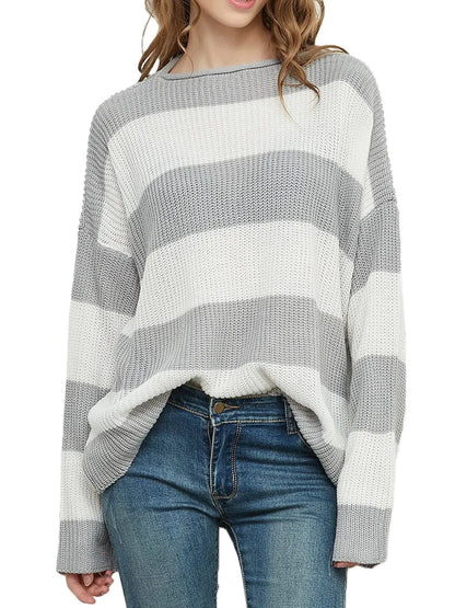 Women Striped Knitted Sweater Crew Neck Long Sleeve Casual Comfy Pullover Tops - Get it from Bo