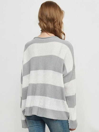 Women Striped Knitted Sweater Crew Neck Long Sleeve Casual Comfy Pullover Tops - Get it from Bo