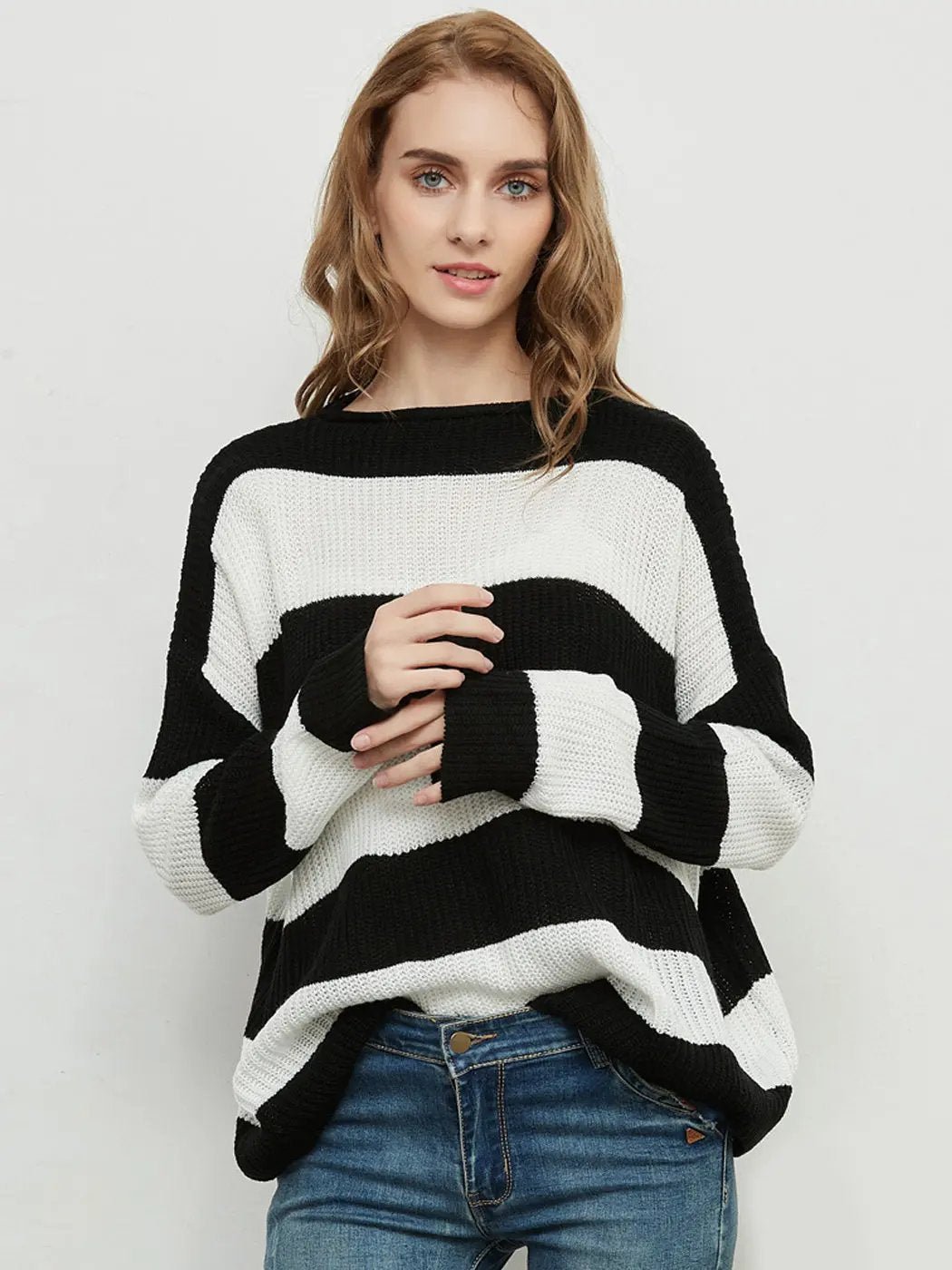 Women Striped Knitted Sweater Crew Neck Long Sleeve Casual Comfy Pullover Tops - Get it from Bo