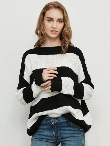 Women Striped Knitted Sweater Crew Neck Long Sleeve Casual Comfy Pullover Tops - Get it from Bo