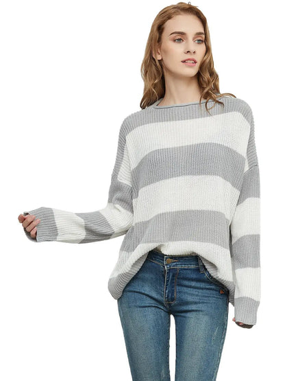 Women Striped Knitted Sweater Crew Neck Long Sleeve Casual Comfy Pullover Tops - Get it from Bo