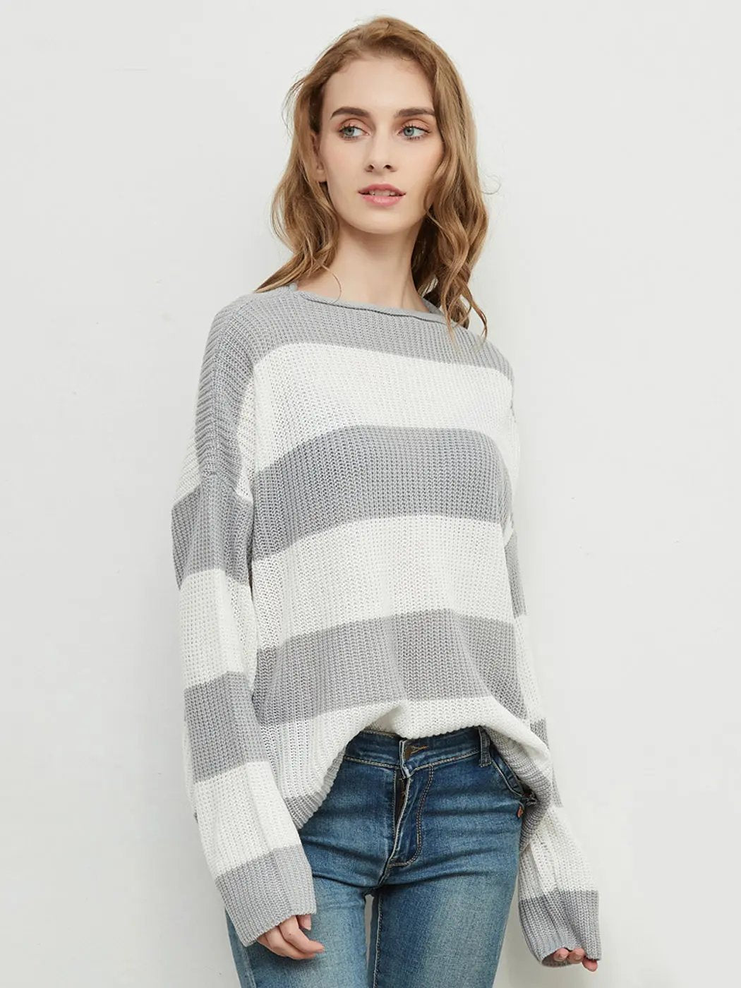 Women Striped Knitted Sweater Crew Neck Long Sleeve Casual Comfy Pullover Tops - Get it from Bo