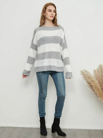 Women Striped Knitted Sweater Crew Neck Long Sleeve Casual Comfy Pullover Tops - Get it from Bo