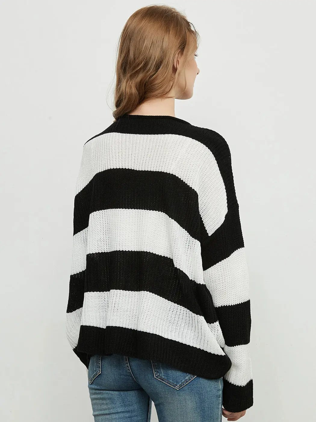 Women Striped Knitted Sweater Crew Neck Long Sleeve Casual Comfy Pullover Tops - Get it from Bo