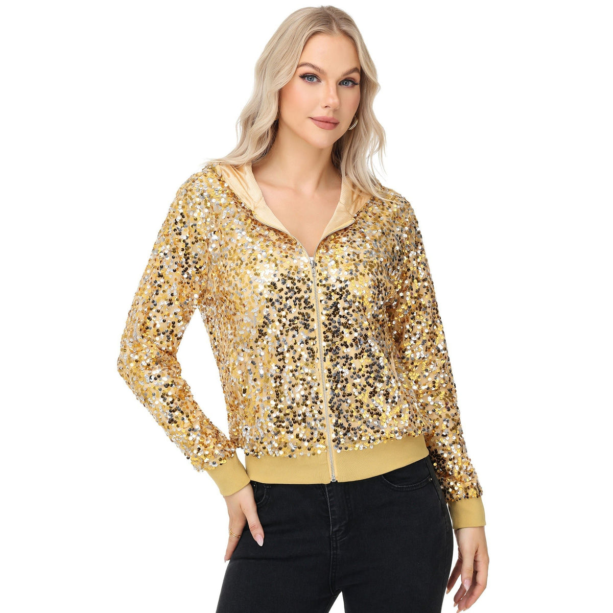 Zip-Up Hoodie Jacket with Allover Sequin Embellishments and Ribbed Trim - Get it from Bo