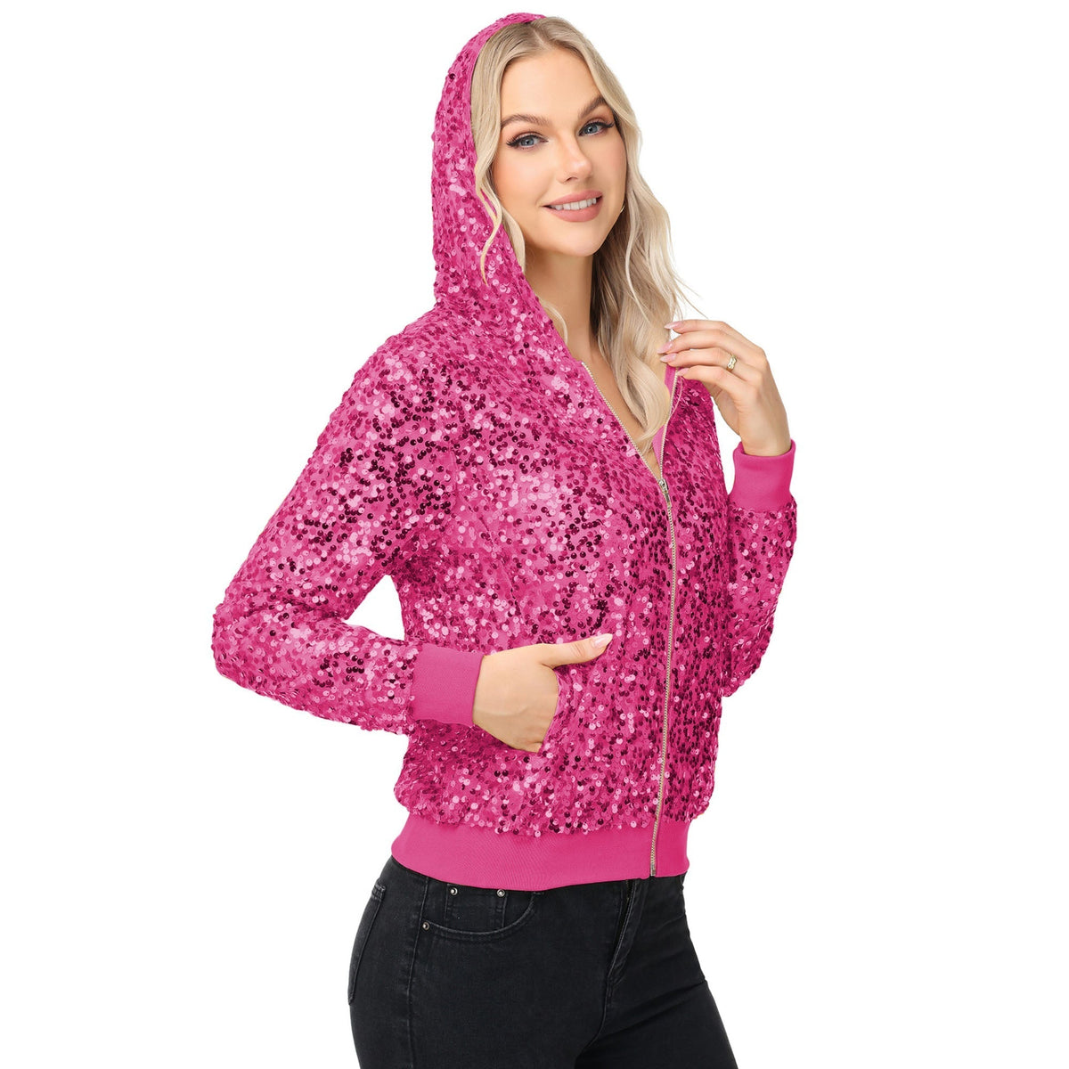 Zip-Up Hoodie Jacket with Allover Sequin Embellishments and Ribbed Trim - Get it from Bo