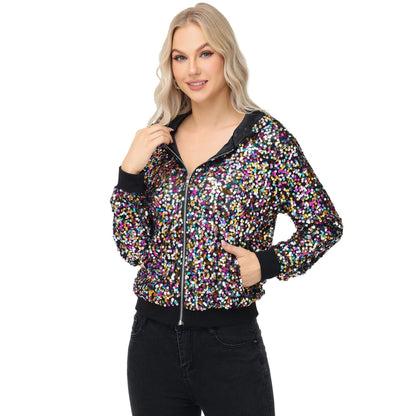 Zip-Up Hoodie Jacket with Allover Sequin Embellishments and Ribbed Trim - Get it from Bo