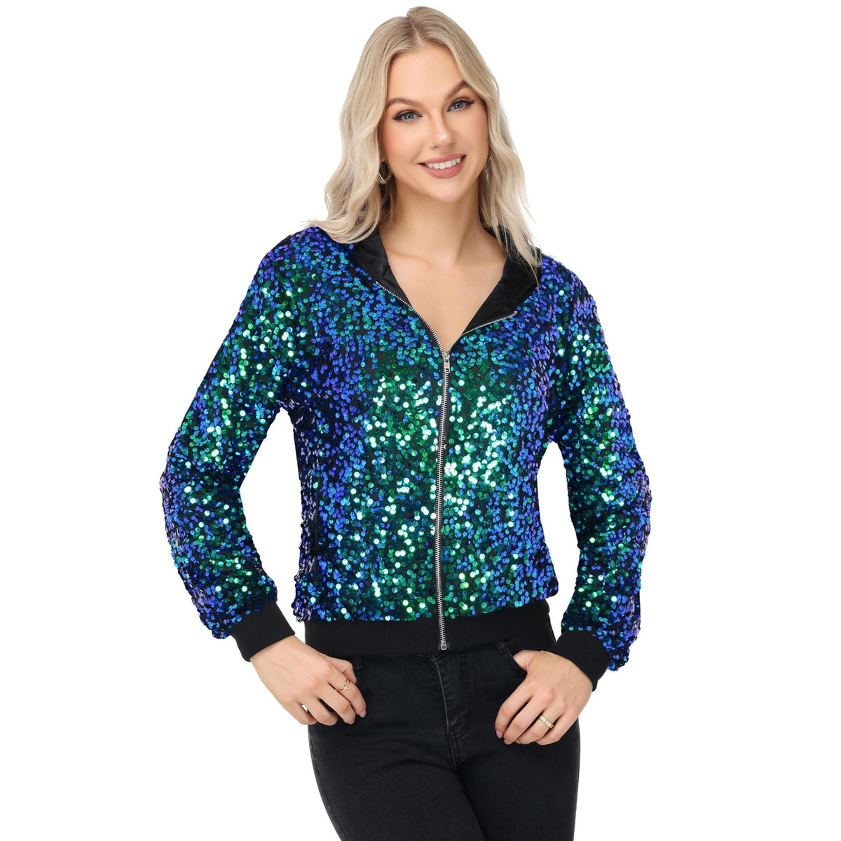 Zip-Up Hoodie Jacket with Allover Sequin Embellishments and Ribbed Trim - Get it from Bo